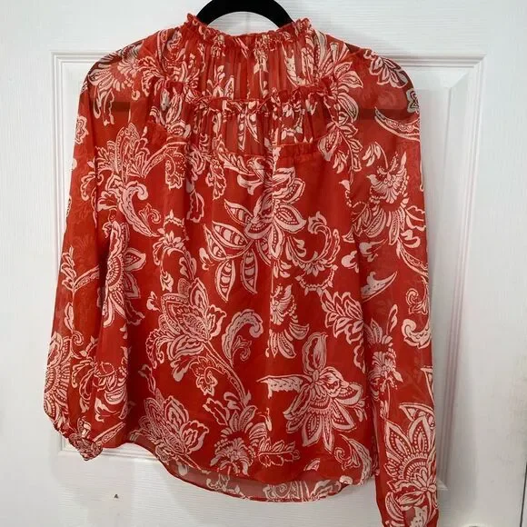 Evereve orange and white floral print long sleeve tie front top, size x small - Picture 10 of 12